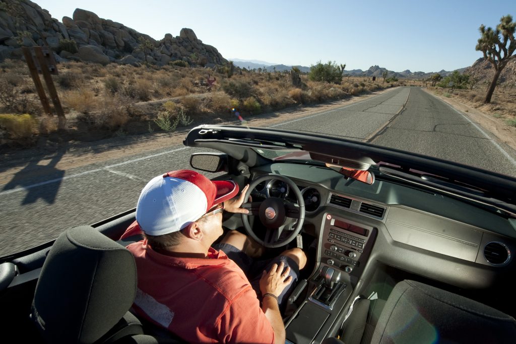 driver Taufig Khalil german journalist, red Ford Mustang convertible, Joshua Tree National Monument