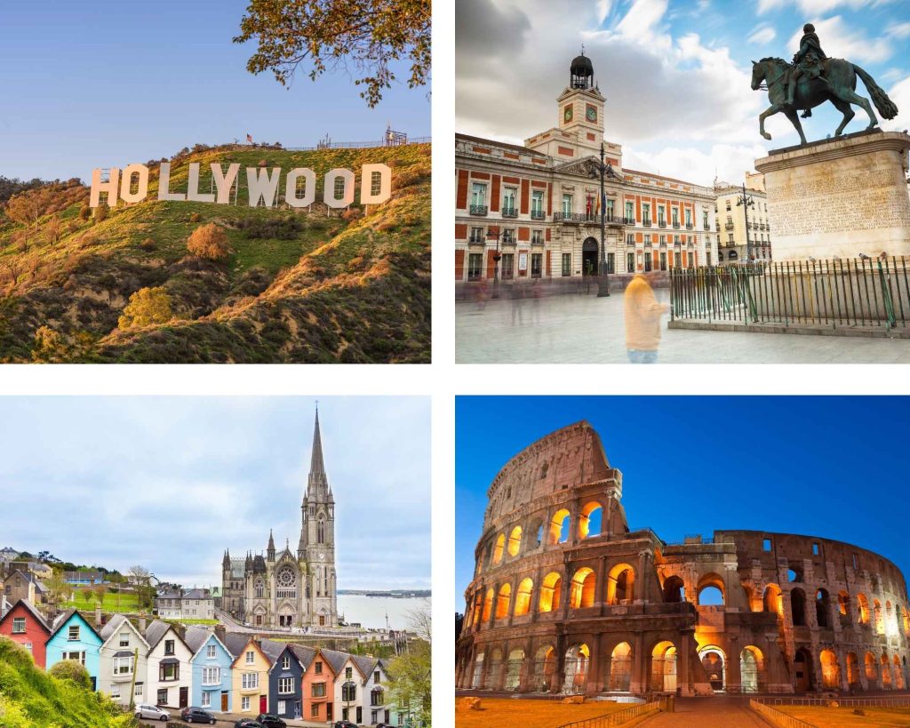 Clockwise from left to right: Los Angeles, Madrid, Rome, Ireland. Photo: istock